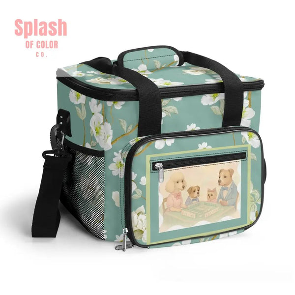 Whimsical Dogs Playing Mahjong Floral Asian Designed Cooler Bag For Game Nights Or Pool Side - Splash of Color co.