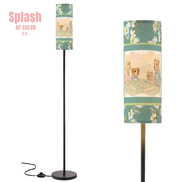Whimsical Dogs Playing Mahjong Reading Nook Asian Floral Designed Modern Floor Lamp One Size Floor Lamps