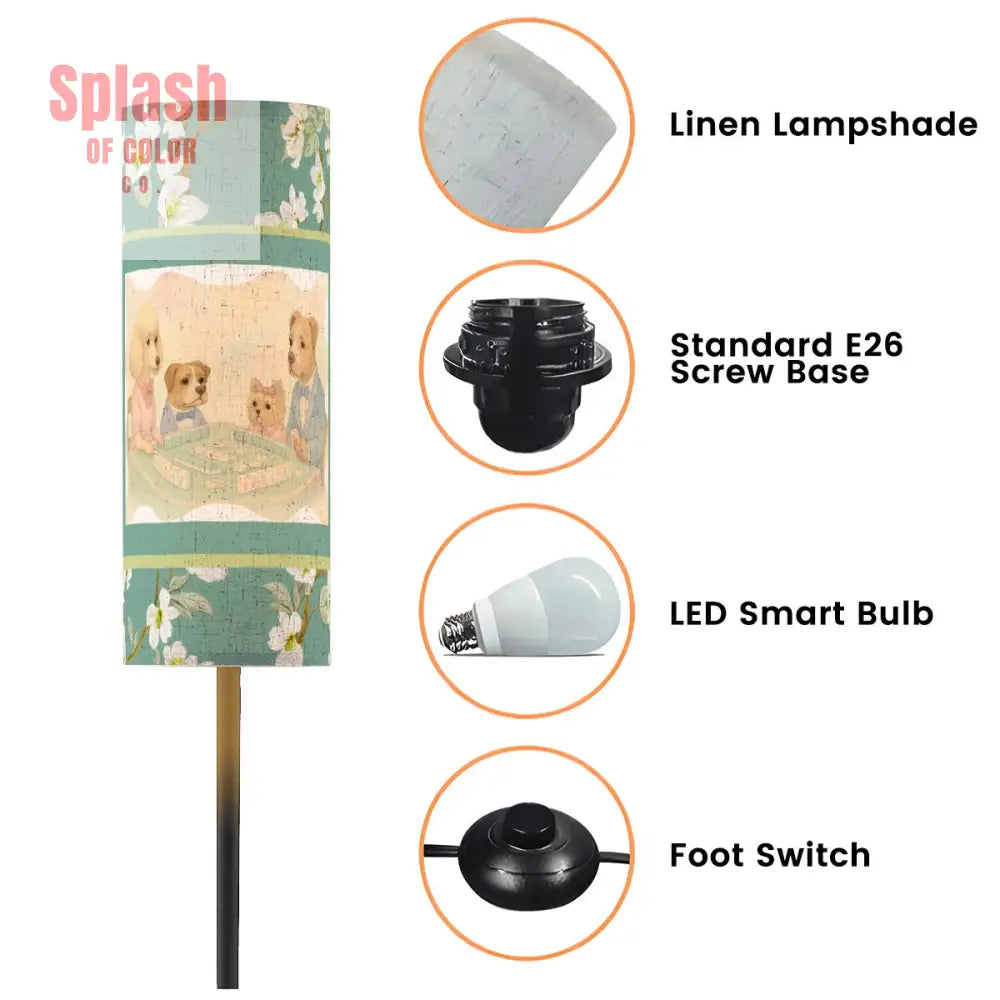 Whimsical Dogs Playing Mahjong Reading Nook Asian Floral Designed Modern Floor Lamp One Size Floor Lamps