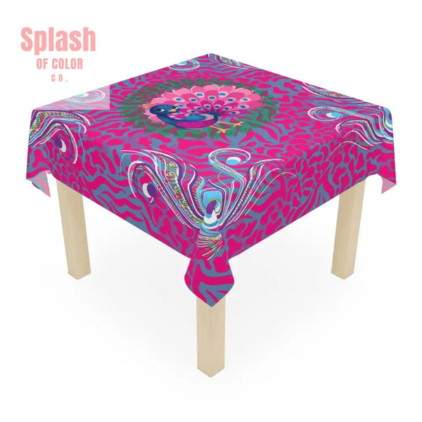 Whimsical Floral Peacock, Tortoise Pink Blue Magical Mahj Tablecloth - Splash of Color co.