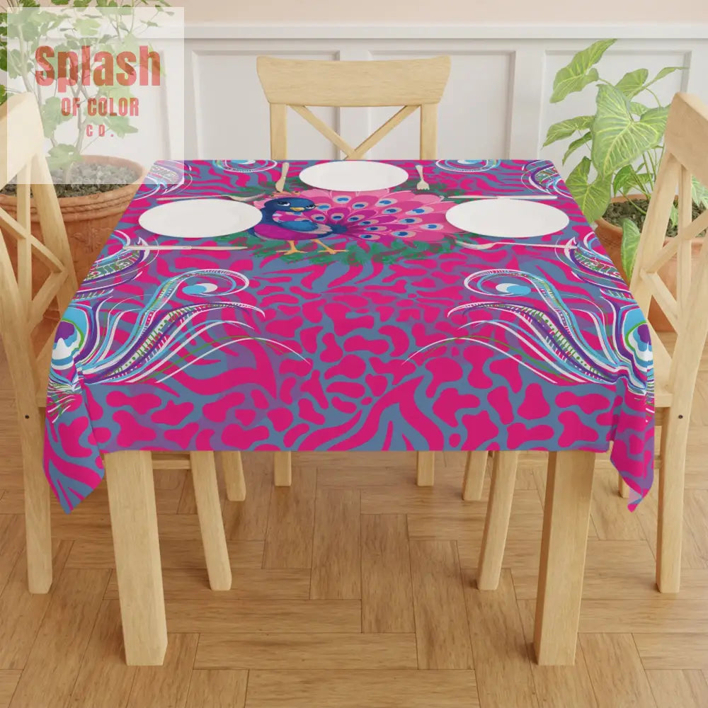 Whimsical Floral Peacock Tortoise Pink Blue Magical Mahj Tablecloth One size / White Home Decor