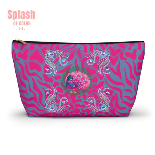 Whimsical Floral Peacock Tortoise Pink Blue Magical Mahj Tile Pouch Large / Black zipper Bags