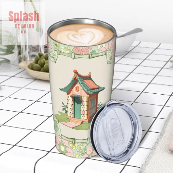 Whimsical Mahjong Floral Heritage Designed Green Pink Stainless Steel Insulated Tumblers with Lid & Straw (20oz) - Splash of Color co.