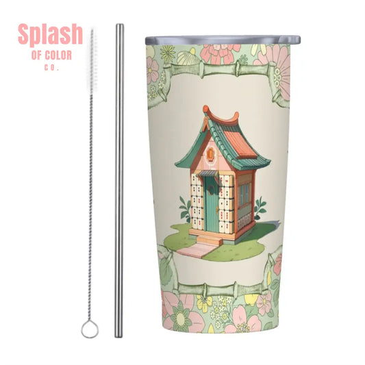 Whimsical Mahjong Floral Heritage Designed Green Pink Stainless Steel Insulated Tumblers with Lid & Straw (20oz)