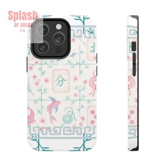 Whimsical Mahjong Tile Pastel Preppy Tough Phone Cases with Vibrant Oriental Designs Mahj Lover Gift iPhone 14 Pro