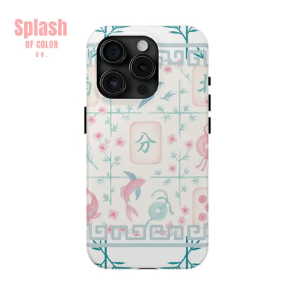 Whimsical Mahjong Tile Pastel Preppy Tough Phone Cases with Vibrant Oriental Designs Mahj Lover Gift iPhone 15 Pro