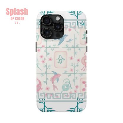 Whimsical Mahjong Tile Pastel Preppy Tough Phone Cases with Vibrant Oriental Designs Mahj Lover Gift iPhone 15 Pro Max