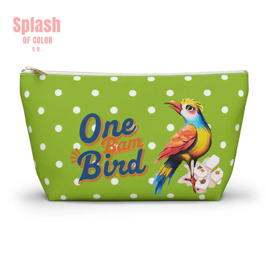 Whimsical Mahjong Tile Tote Pouch Green Citrus Polka Dot One Bam Bird Colorful Bird Mahj Gift Large / White zipper Bags