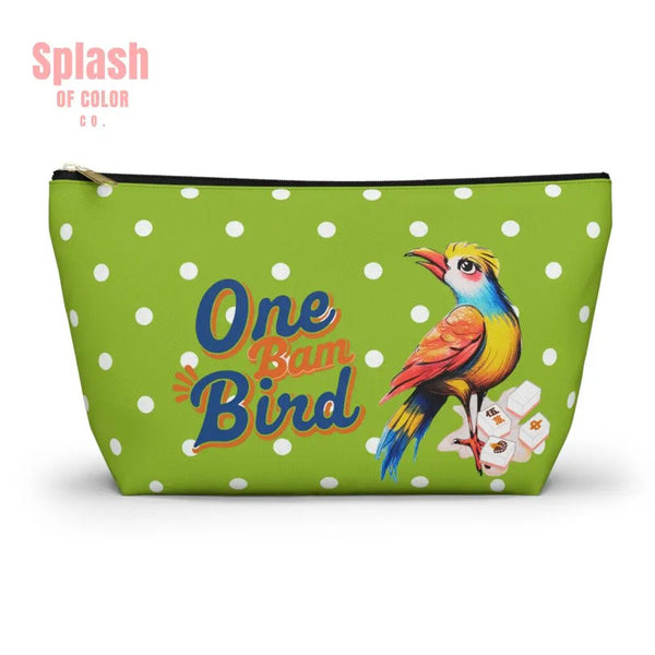 Whimsical Mahjong Tile Tote Pouch, Green Citrus Polka Dot One Bam Bird Colorful Bird Mahj Gift - Splash of Color co.