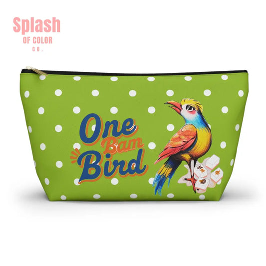 Whimsical Mahjong Tile Tote Pouch Green Citrus Polka Dot One Bam Bird Colorful Bird Mahj Gift Large / Black zipper Bags