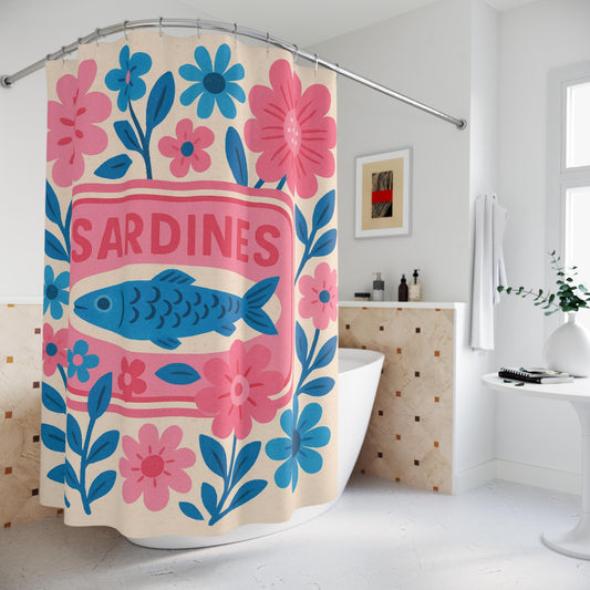 Whimsical Sardines Tinned Fish Pink Baby Blue Shower Curtain | Floral Bathroom Decor Ocean Theme Nautical Home Accent