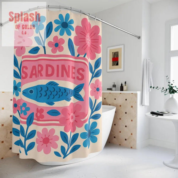 Whimsical Sardines Tinned Fish Pink Baby Blue Shower Curtain | Floral Bathroom Decor Ocean Theme Nautical Home Accent