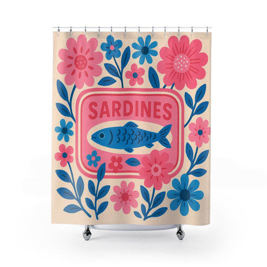 Whimsical Sardines Tinned Fish Pink Baby Blue Shower Curtain | Floral Bathroom Decor Ocean Theme Nautical Home Accent