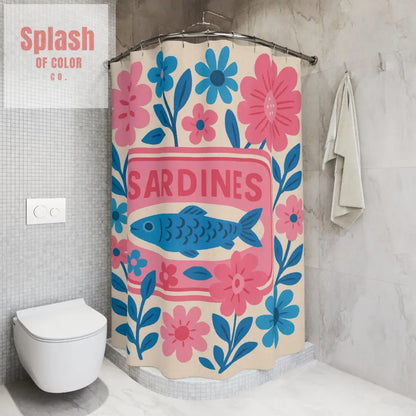 Whimsical Sardines Tinned Fish Pink Baby Blue Shower Curtain | Floral Bathroom Decor Ocean Theme Nautical Home Accent
