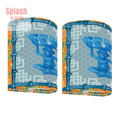Chinoiserie Asian Monkey Orange Blue Whimsical Wireless Wall Lighting - Splash of Color co.