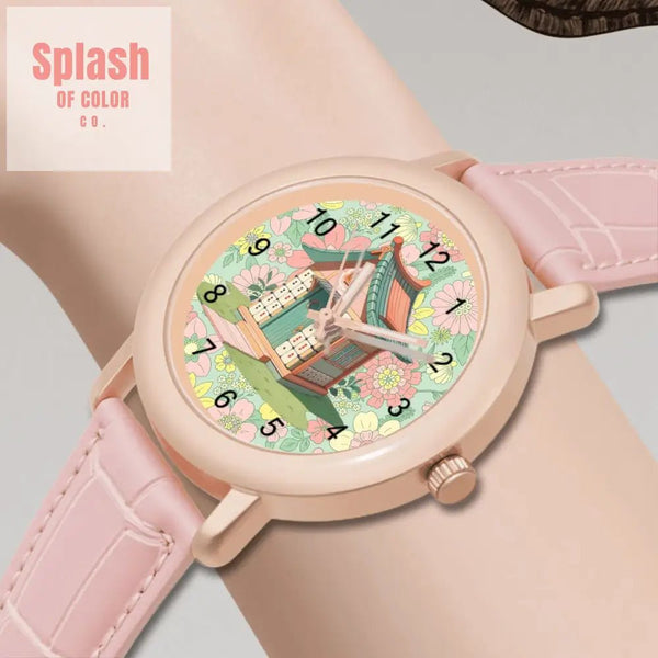 Preppy Cottagecore Mahjong Floral Pink Green Women's Leather Watch - Splash of Color co.
