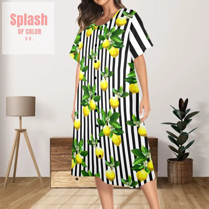 Zesty Lemon Black And White Striped Preppy Women’s Muumuu Dress Pajamas