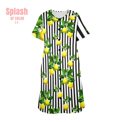 Zesty Lemon Black And White Striped Preppy Women’s Muumuu Dress Pajamas