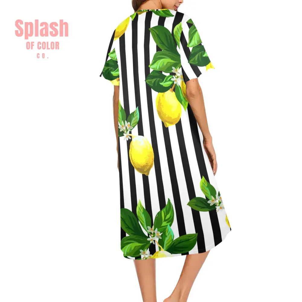 Zesty Lemon Black And White Striped Preppy Women’s Muumuu Dress Pajamas