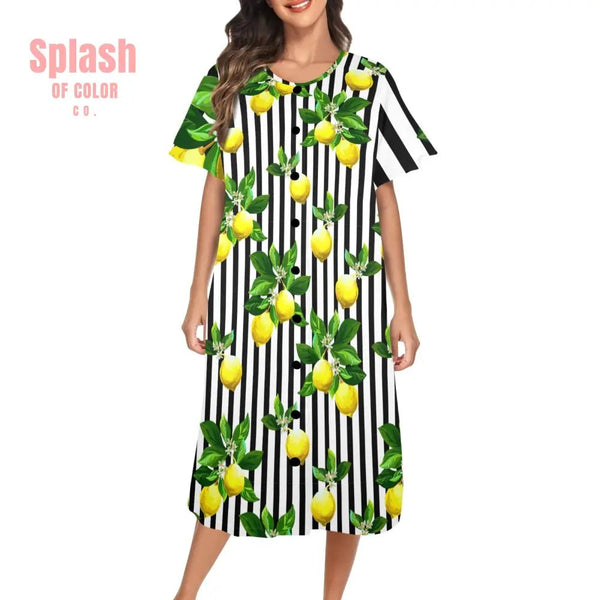 Zesty Lemon Black And White Striped Preppy Women’s Muumuu Dress XS Pajamas